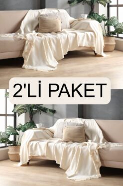 Miracolo Home Ekru Pamuklu Dekoratif Koltuk Örtüsü Set 170x230 Boyutlu Optimal Kaymaz Tasarım (2 ADET)