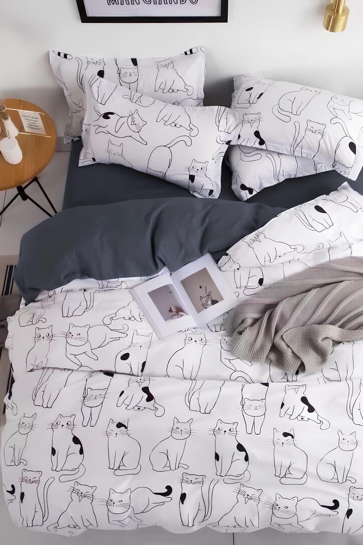 Always Çarşafı Lastikli Çift Taraflı Tek Kişilik Nevresim Takımı Beyaz Kedi