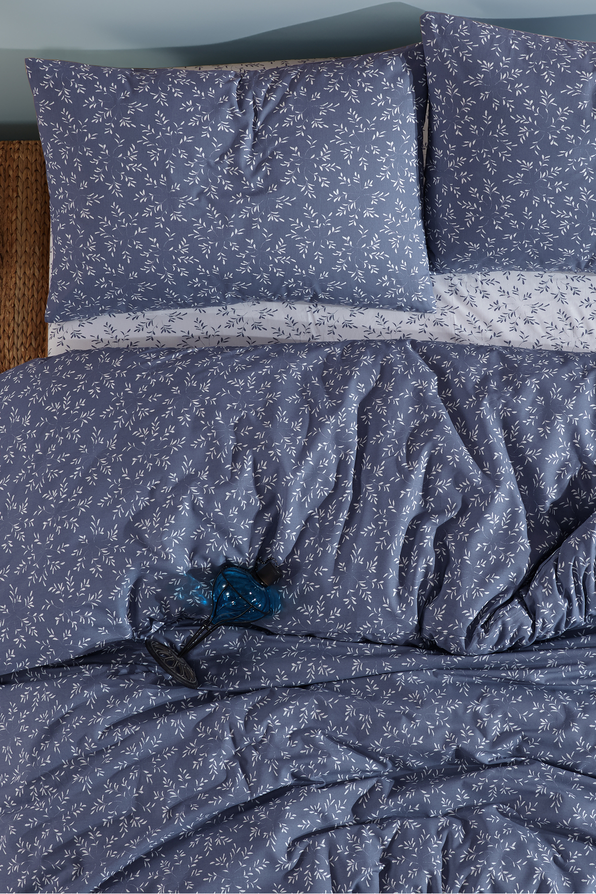 LADYNİL Lastikli Çarşaflı %100 Pamuk Çift Kişilik Nevresim Takımı Mavi Başak