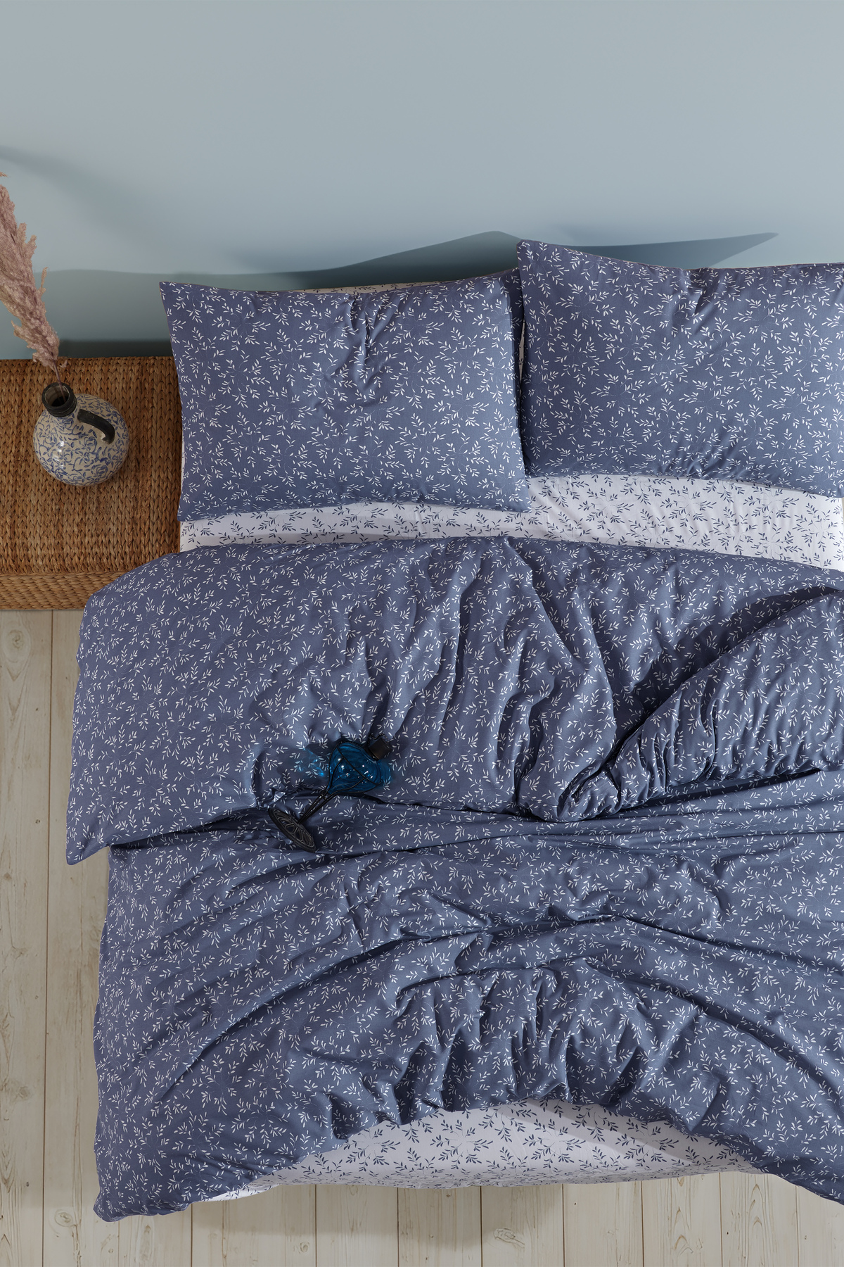 LADYNİL Lastikli Çarşaflı %100 Pamuk Çift Kişilik Nevresim Takımı Mavi Başak - Görsel 2