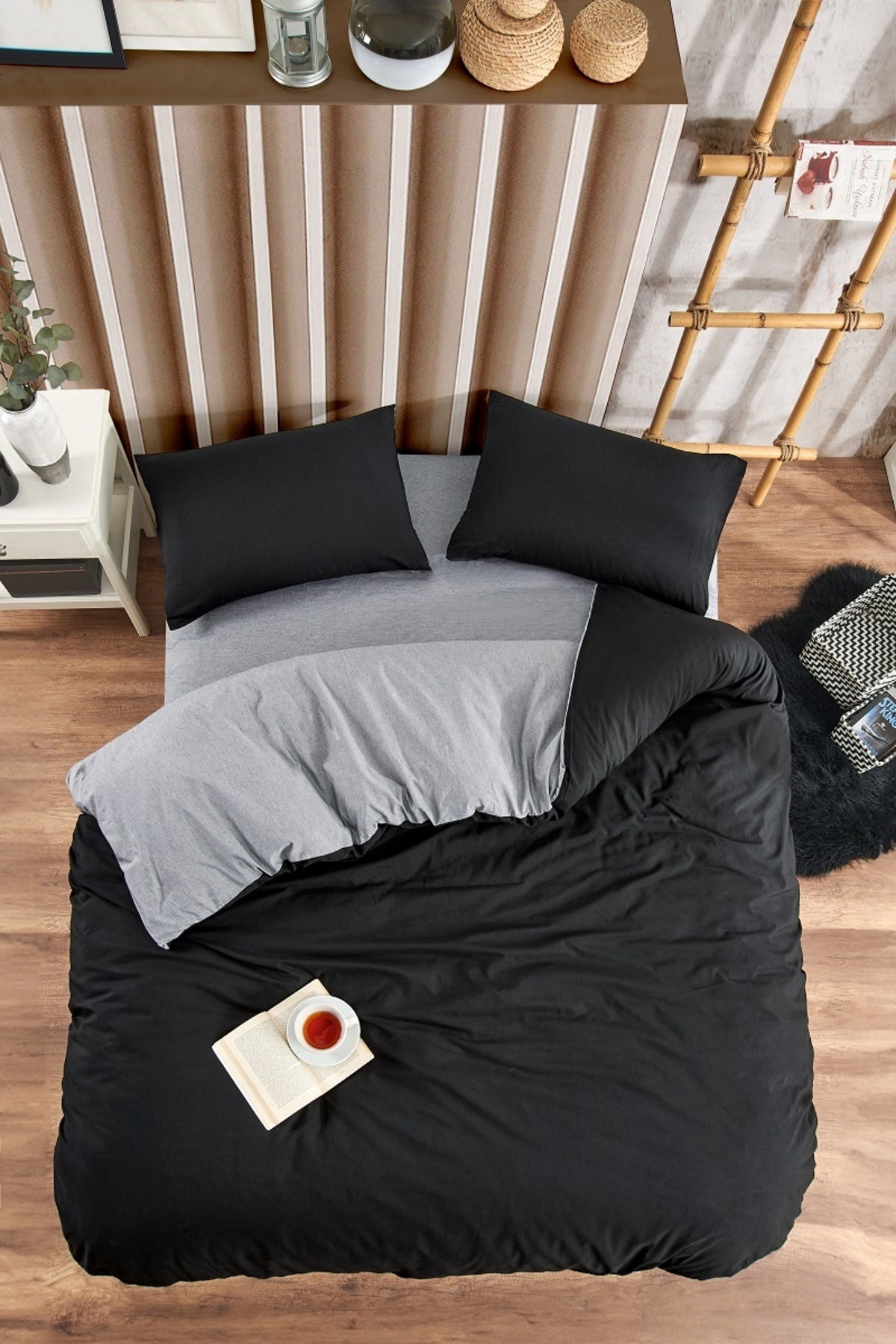 Valezium SİYAH-ANTRASİT ÇİFT KİŞİLİK NEVRESİM TAKIMI LASTİKLİ ÇARŞAF VE 2 YASTIK KILIFI