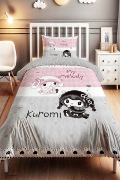 EVPANYA Pembe Gri Kalpler Kuromi ve My Melody Desenli Tek Kişilik Bebek Çocuk Nevresim Seti