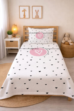 Evmila Kalp Desenli Bebek Ve Çocuk Baskılı Tek Kişilik Pike Takımı 160x230 Beyaz