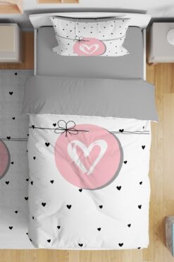 EVPANYA Düğümlü Pembe Kalp Desenli Tek Kişilik Bebek Çocuk Nevresim Seti