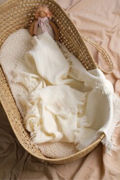 Bondberro Müslin Örtü & Battaniye 4 Katlı Saçaklı %100 Pamuk Organik Oeko-teks Sertifikalı 120X100 Cm Krem