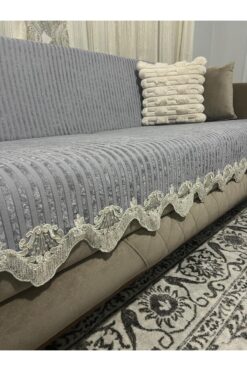 Genel Markalar Dantelli Çizgili Süngerli Kadife Kaymaz Çekyat Koltuk Örtüsü (GRİ)