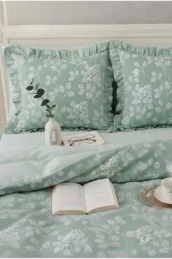 Uçkan home %100 Pamuk Mint Yeşili Flora Fırfırlı Çift Kişilik Nevresim Seti