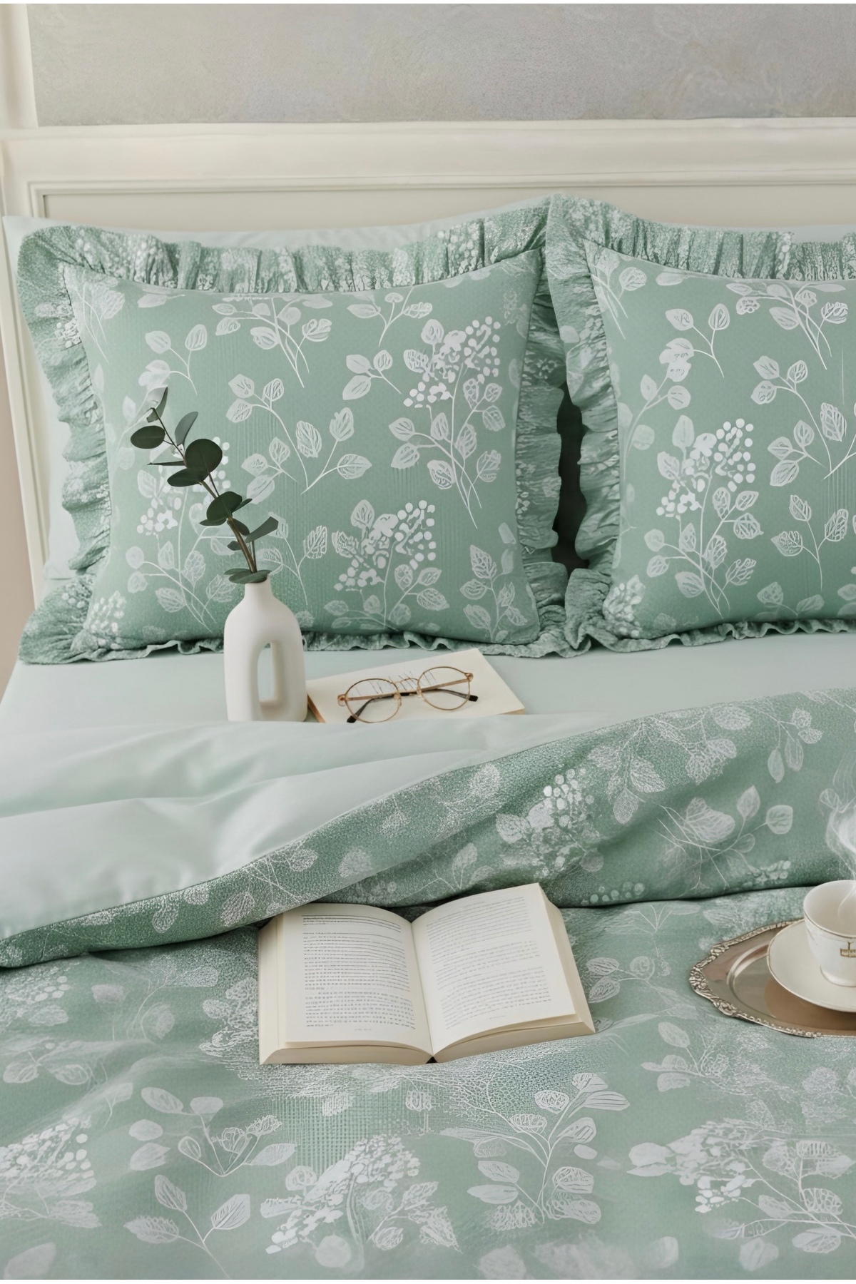 Uçkan home %100 Pamuk Mint Yeşili Flora Fırfırlı Çift Kişilik Nevresim Seti