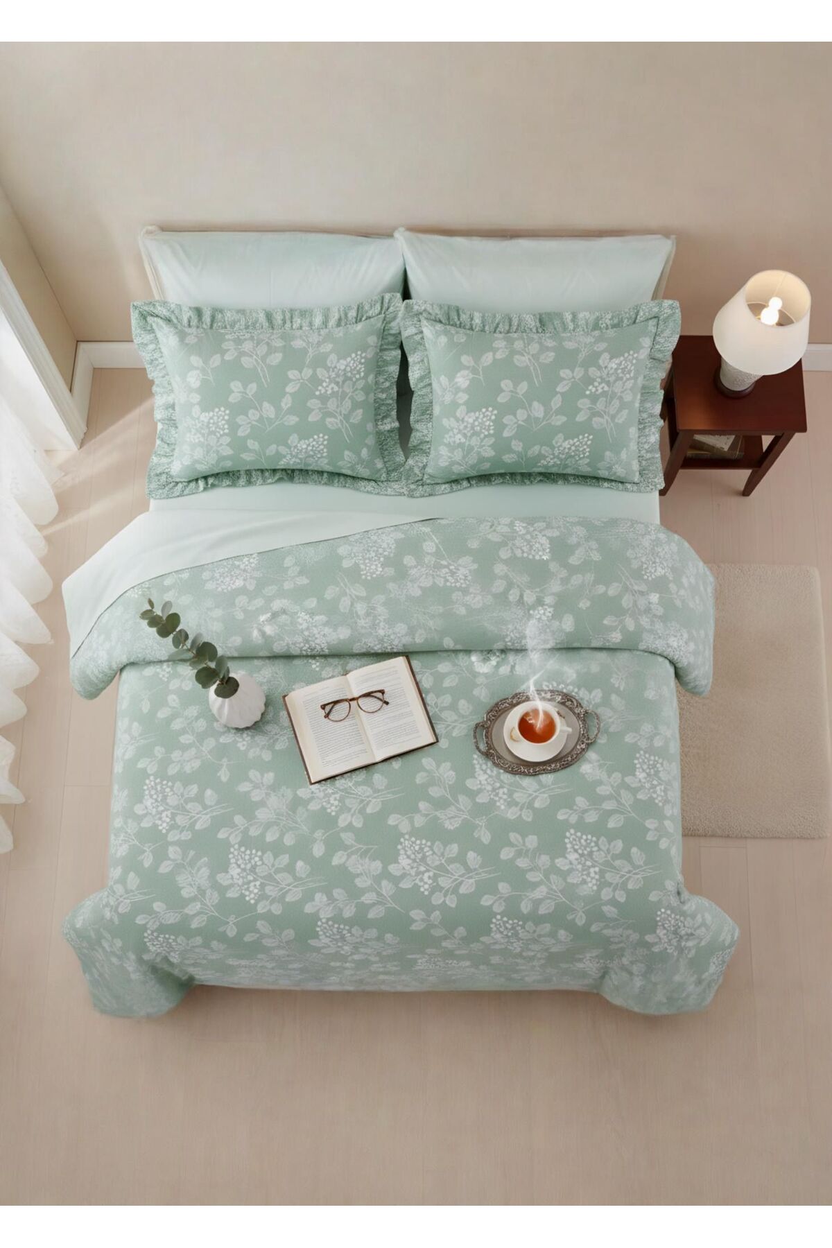 Uçkan home %100 Pamuk Mint Yeşili Flora Fırfırlı Çift Kişilik Nevresim Seti - Görsel 2