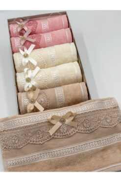 AYHANHOME 6'lı Fiyonk Taşlı Güpürlü Kutulu Çeyizlik 30x50 Kadife Mutfak Havlusu