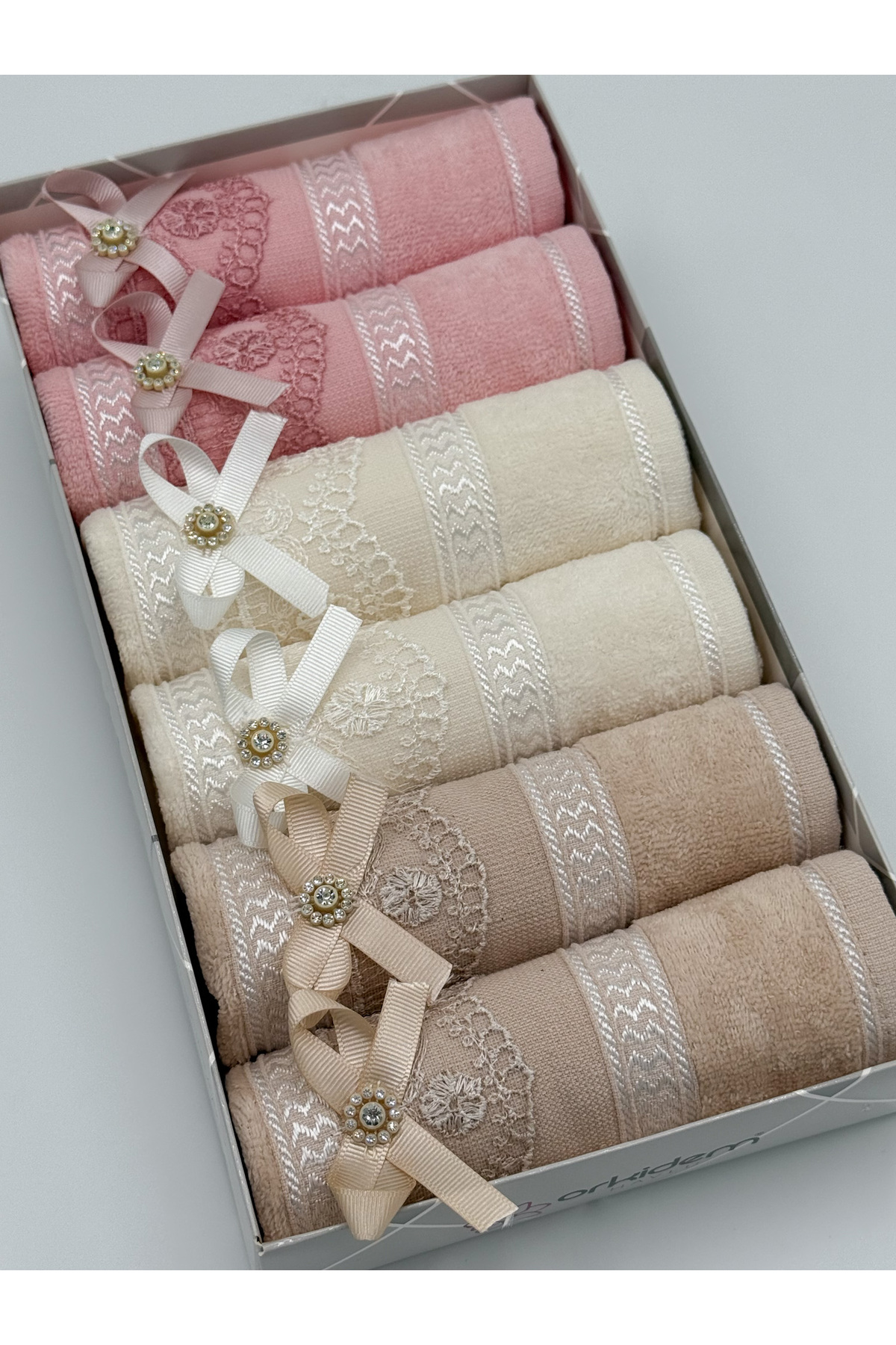 AYHANHOME 6'lı Fiyonk Taşlı Güpürlü Kutulu Çeyizlik 30x50 Kadife Mutfak Havlusu - Görsel 3