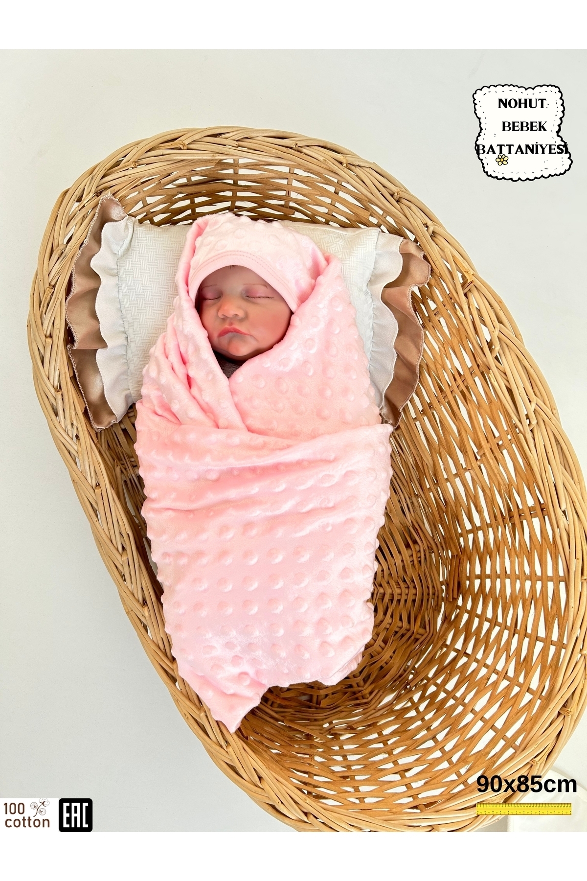 Bebella Pembe Nohut Çift Kat Kız Bebek Battaniyesi Kundağı %100 Pamuklu Çok Amaçlı Örtü Mevsimlik 90x85cm - Görsel 3