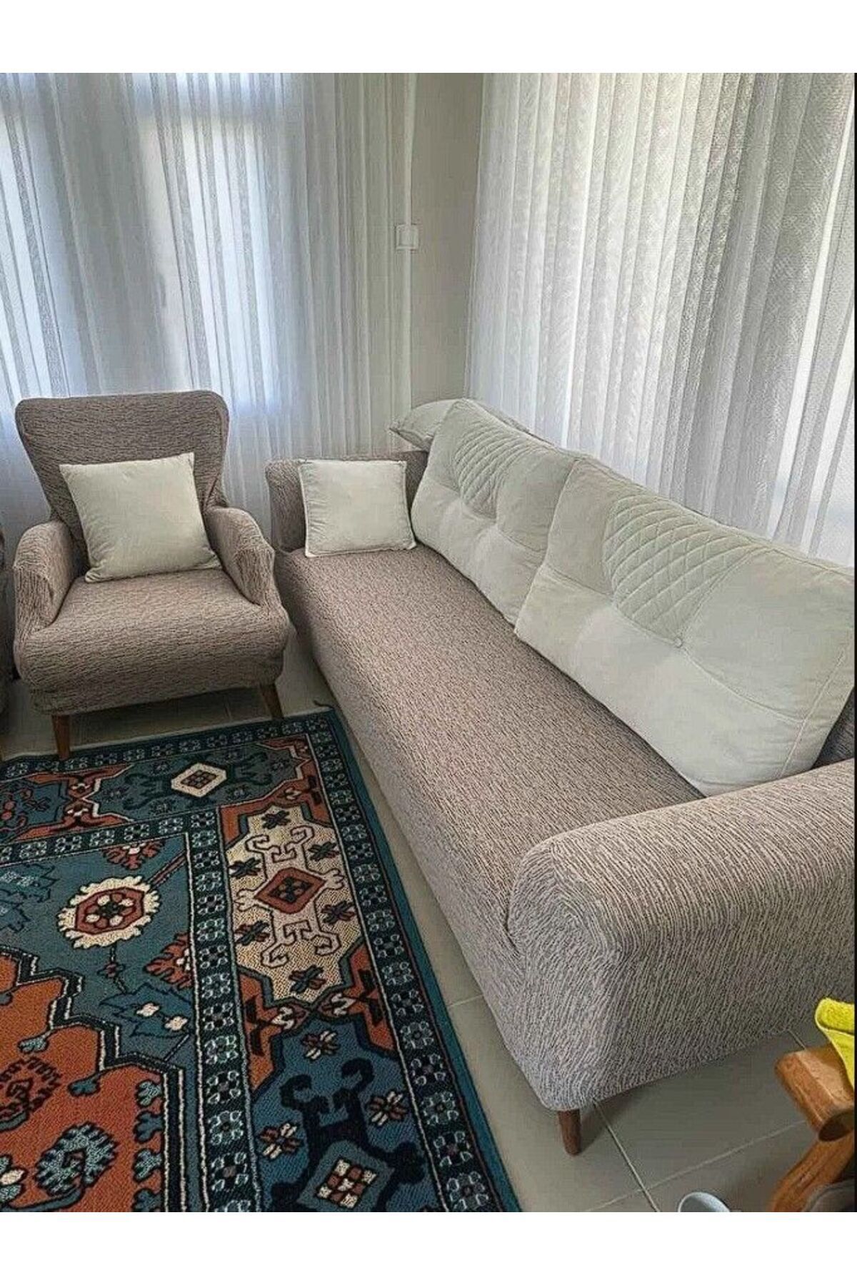 Faiend Jakarlı 3 3 1 1 Lastikli Kanepe Örtüsü | Lastikli Koltuk Örtüsü | Koltuk Kılıfı Takımı