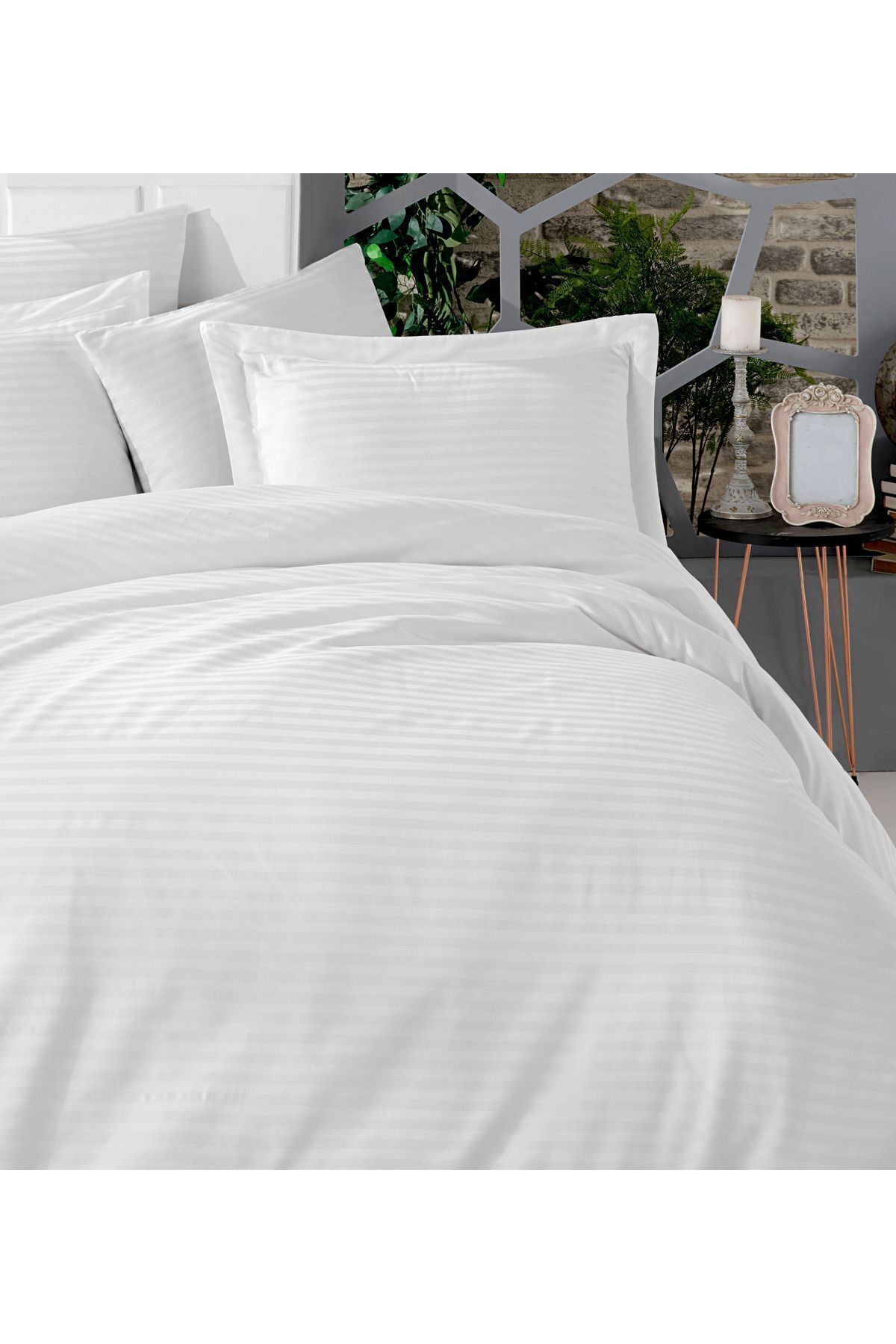 MyStory Home Lastikli Çarşaflı Çift Kişilik Nevresim Takımı Saten Beyaz - Görsel 3