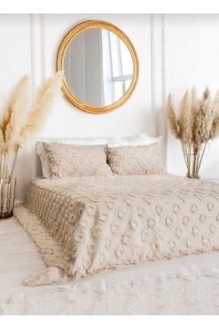 diabella Ponpon Desenli 3 Parça Çift Kişilik Yatak Örtüsü Bej