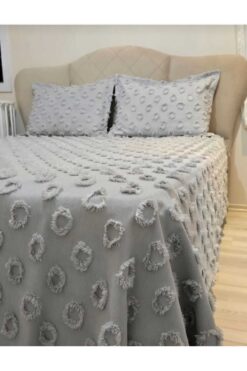 diabella Ponpon Desenli 3 Parça Çift Kişilik Yatak Örtüsü Gri