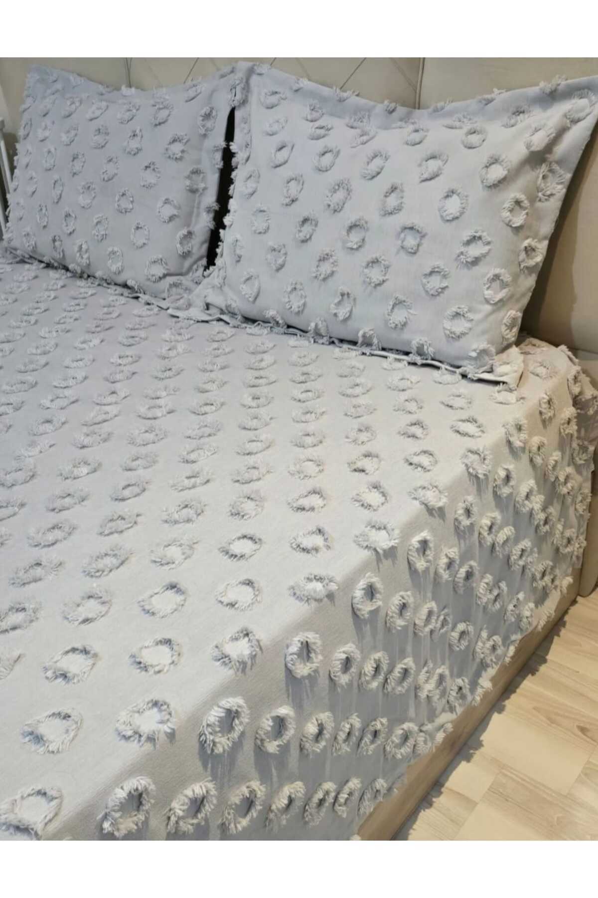 diabella Ponpon Desenli 3 Parça Çift Kişilik Yatak Örtüsü Gri - Görsel 2