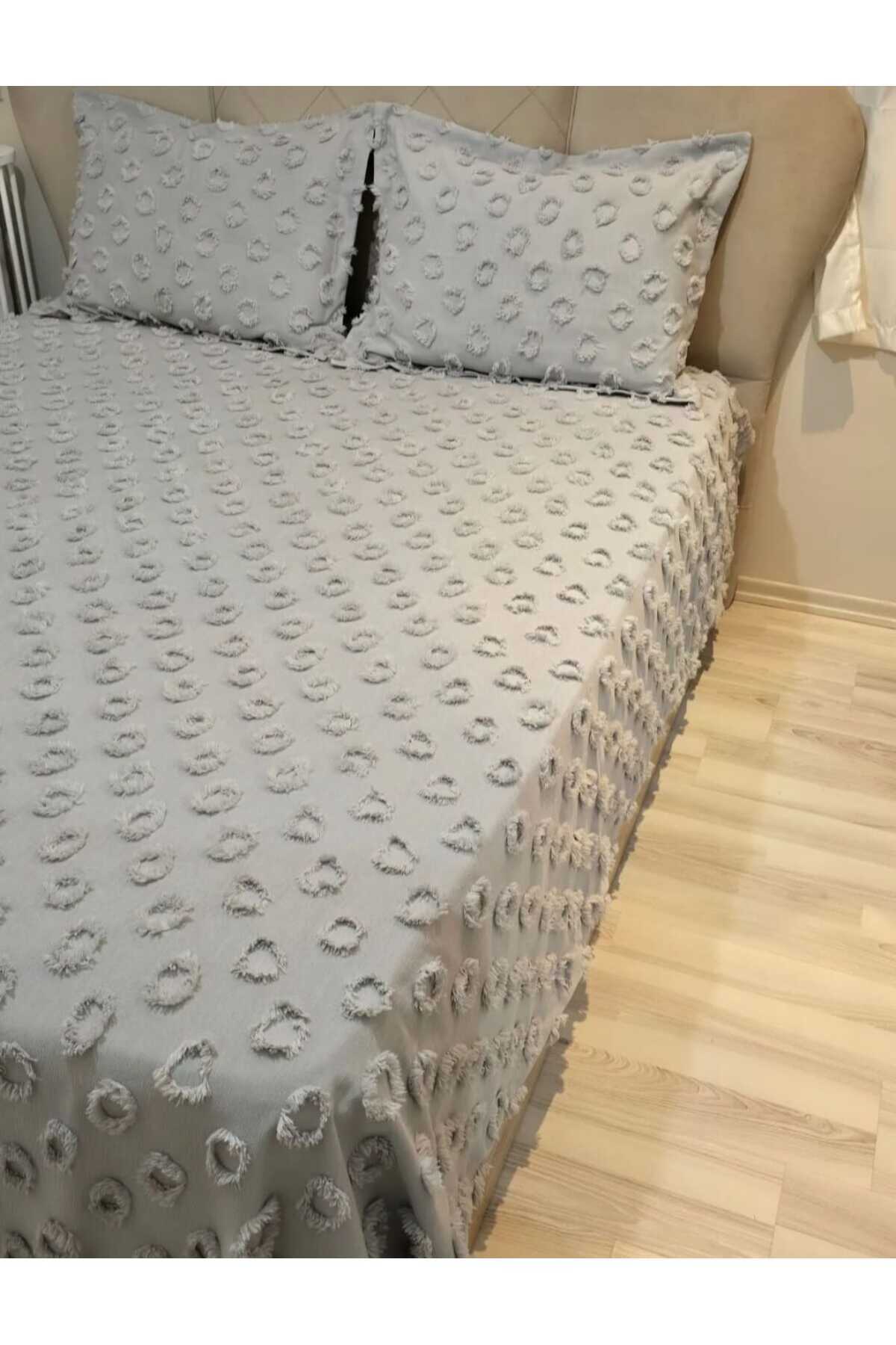 diabella Ponpon Desenli 3 Parça Çift Kişilik Yatak Örtüsü Gri - Görsel 3