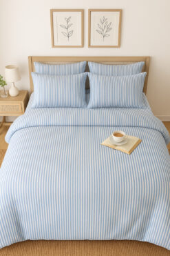 Loova Nevresim takımı çift kişilik"yorgan kılıfı+lastikli çarşaf+2yastık kılıfı" Mavi çizgili %100 pamuk