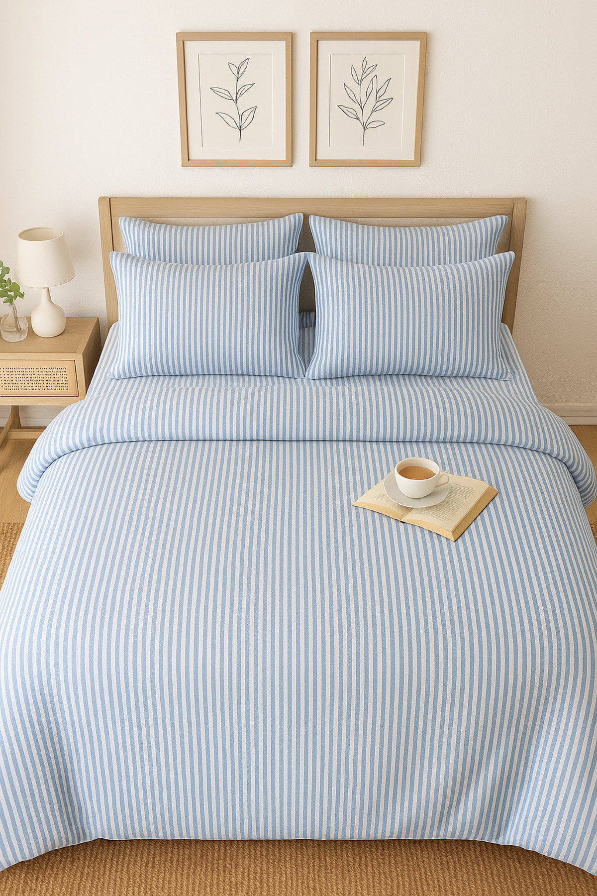 Loova Nevresim takımı çift kişilik"yorgan kılıfı+lastikli çarşaf+2yastık kılıfı" Mavi çizgili %100 pamuk