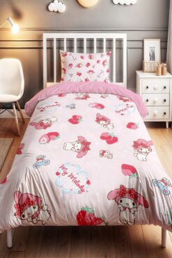 EVPANYA Pembe Tatlı Çilekler ve My Melody Desenli Tek Kişilik Bebek Çocuk Nevresim Seti