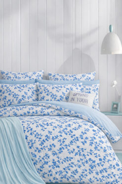 İQON Lastikli Çarşaflı Nevresim Takımı Çift Kişilik SARMAŞIK MAVİ