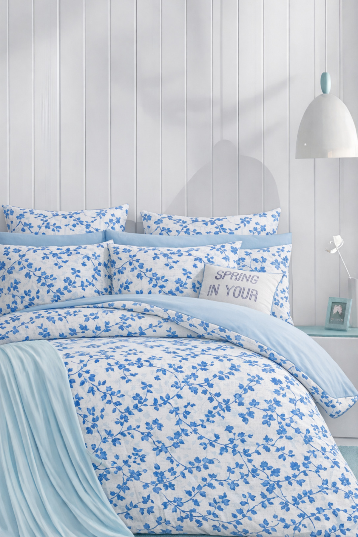 İQON Lastikli Çarşaflı Nevresim Takımı Çift Kişilik SARMAŞIK MAVİ