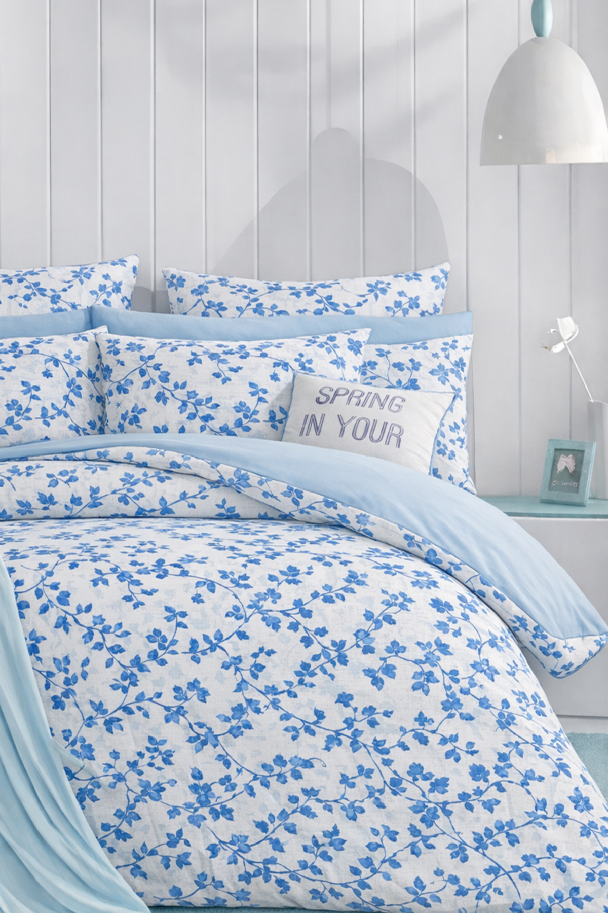 İQON Lastikli Çarşaflı Nevresim Takımı Çift Kişilik SARMAŞIK MAVİ - Görsel 2