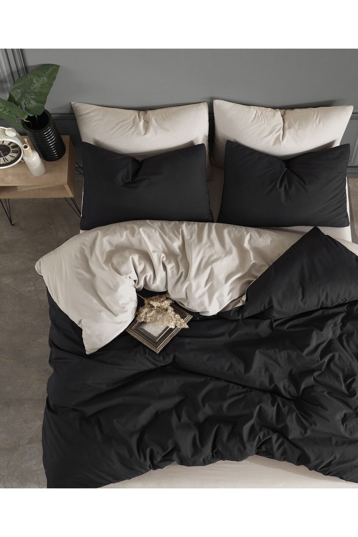 conzaliza Lastikli Çarşaflı Çift Kişilik Nevresim Takımı | Siyah Bej |