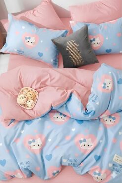 İQON Lastikli Çarşaflı Nevresim Takımı Çift Kişilik Hello Kitty Mavii