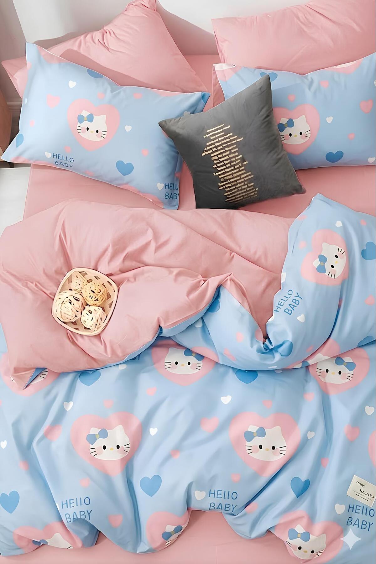 İQON Lastikli Çarşaflı Nevresim Takımı Çift Kişilik Hello Kitty Mavii