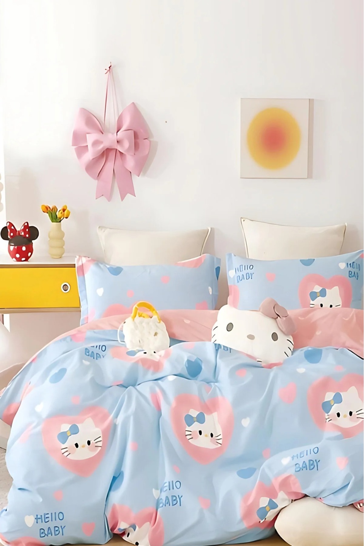 İQON Lastikli Çarşaflı Nevresim Takımı Çift Kişilik Hello Kitty Mavii - Görsel 2