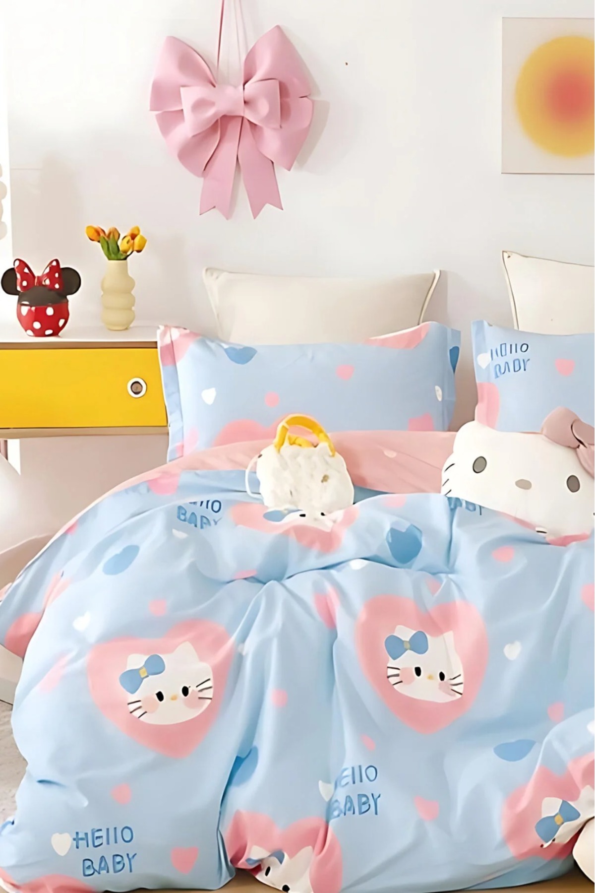 İQON Lastikli Çarşaflı Nevresim Takımı Çift Kişilik Hello Kitty Mavii - Görsel 3