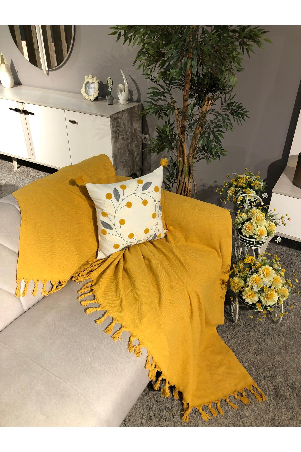 LUWİNO HOME Hardal Sarı Pamuklu Koltuk Örtüsü Kaymaz Dokulu Dekoratif 180*200 Cm