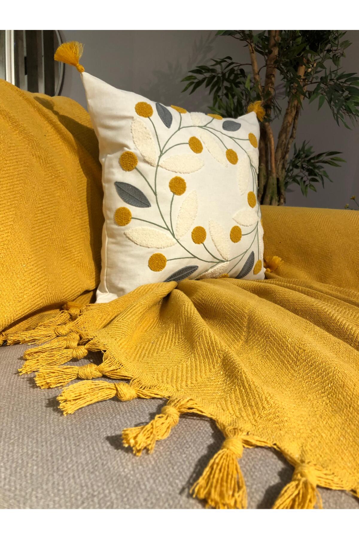 LUWİNO HOME Hardal Sarı Pamuklu Koltuk Örtüsü Kaymaz Dokulu Dekoratif 180*200 Cm - Görsel 2
