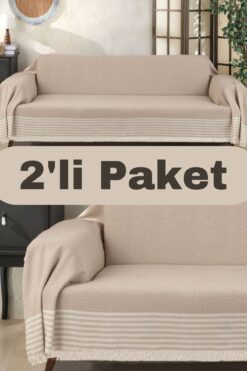 Miracolo Home Pamuklu Kolları Örten 310 Cm Koltuk Kanepe Çekyat Örtüsü Önden Saçaklı Kaymaz Tasarım Çok Amaçlı