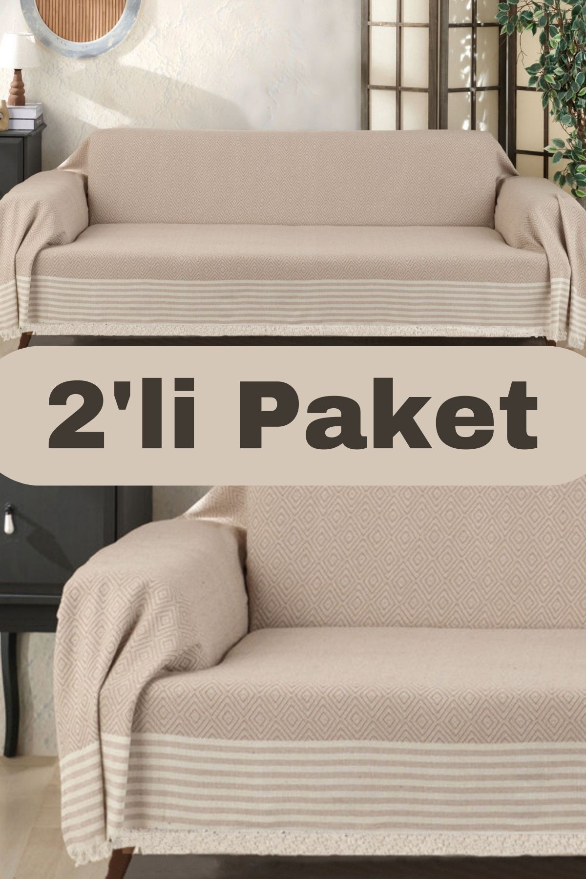 Miracolo Home Pamuklu Kolları Örten 310 Cm Koltuk Kanepe Çekyat Örtüsü Önden Saçaklı Kaymaz Tasarım Çok Amaçlı