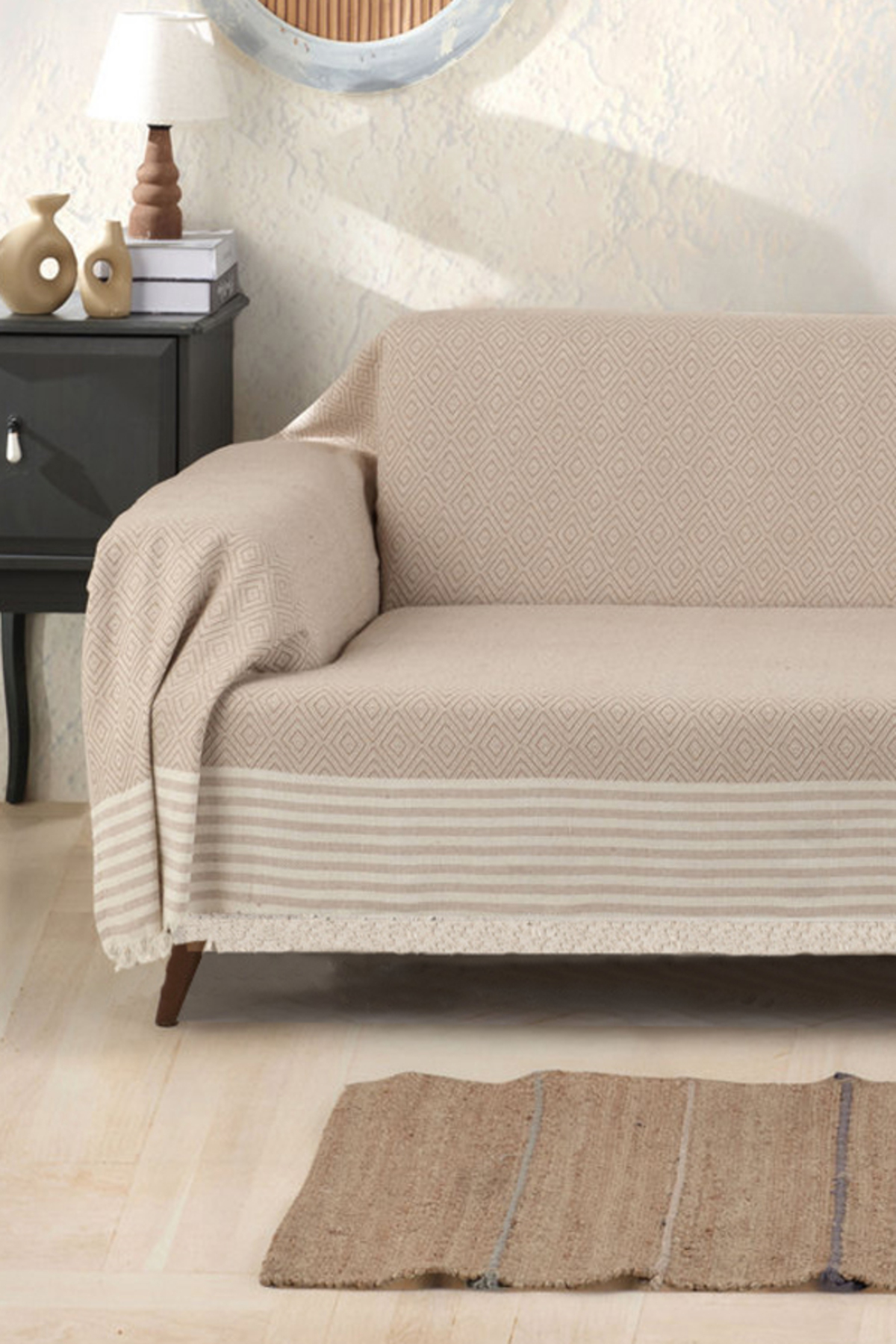 Miracolo Home Pamuklu Kolları Örten 310 Cm Koltuk Kanepe Çekyat Örtüsü Önden Saçaklı Kaymaz Tasarım Çok Amaçlı - Görsel 2