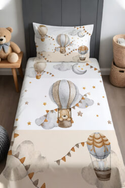 EVPANYA Uçan Balon Ayıcık Desenli Yatak Örtüsü ve Yastık Kılıfı