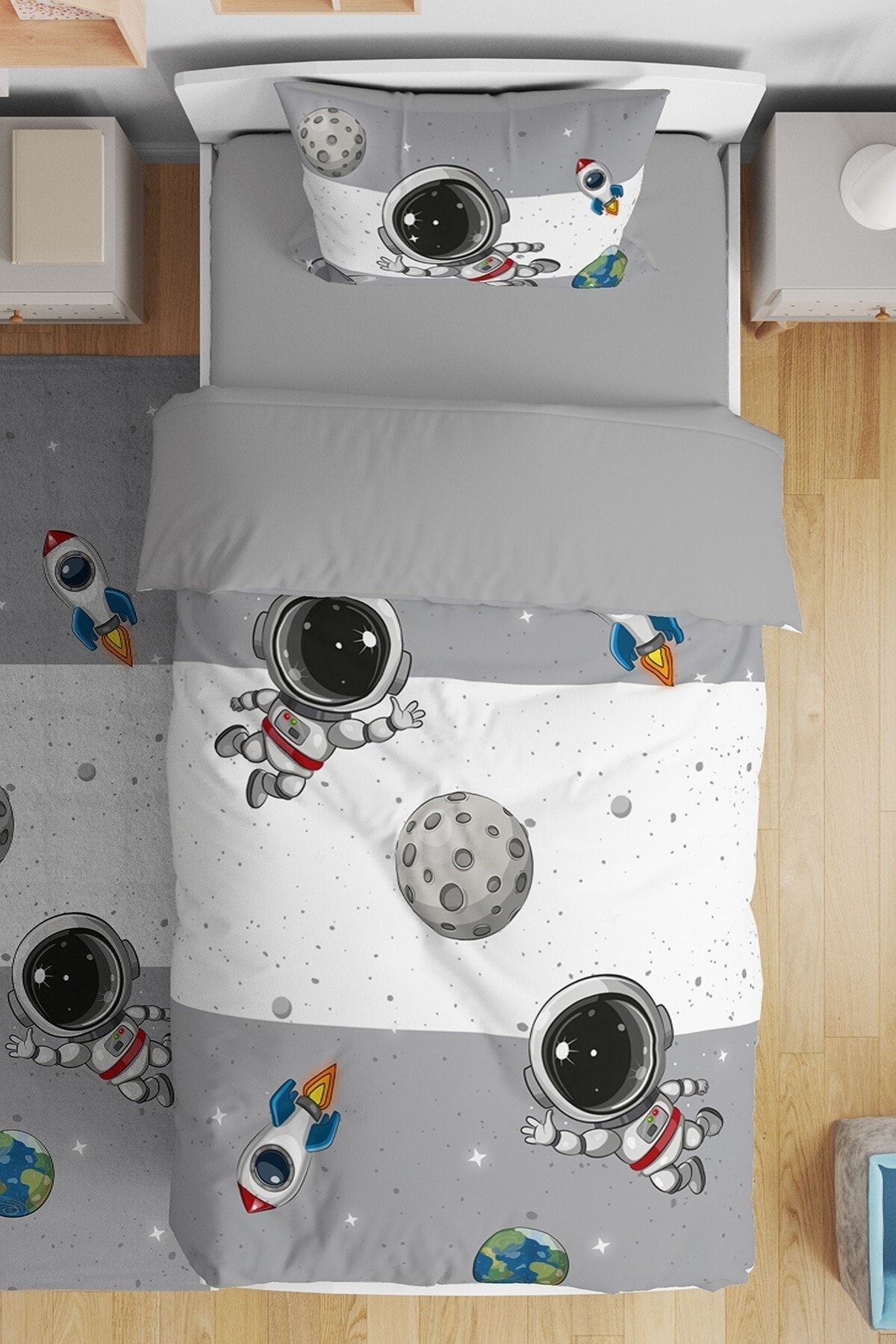 EVPANYA Gri Ye Gri Uzay ve Minik Astonot Desenli Tek Kişilik Bebek Çocuk Nevresim Seti