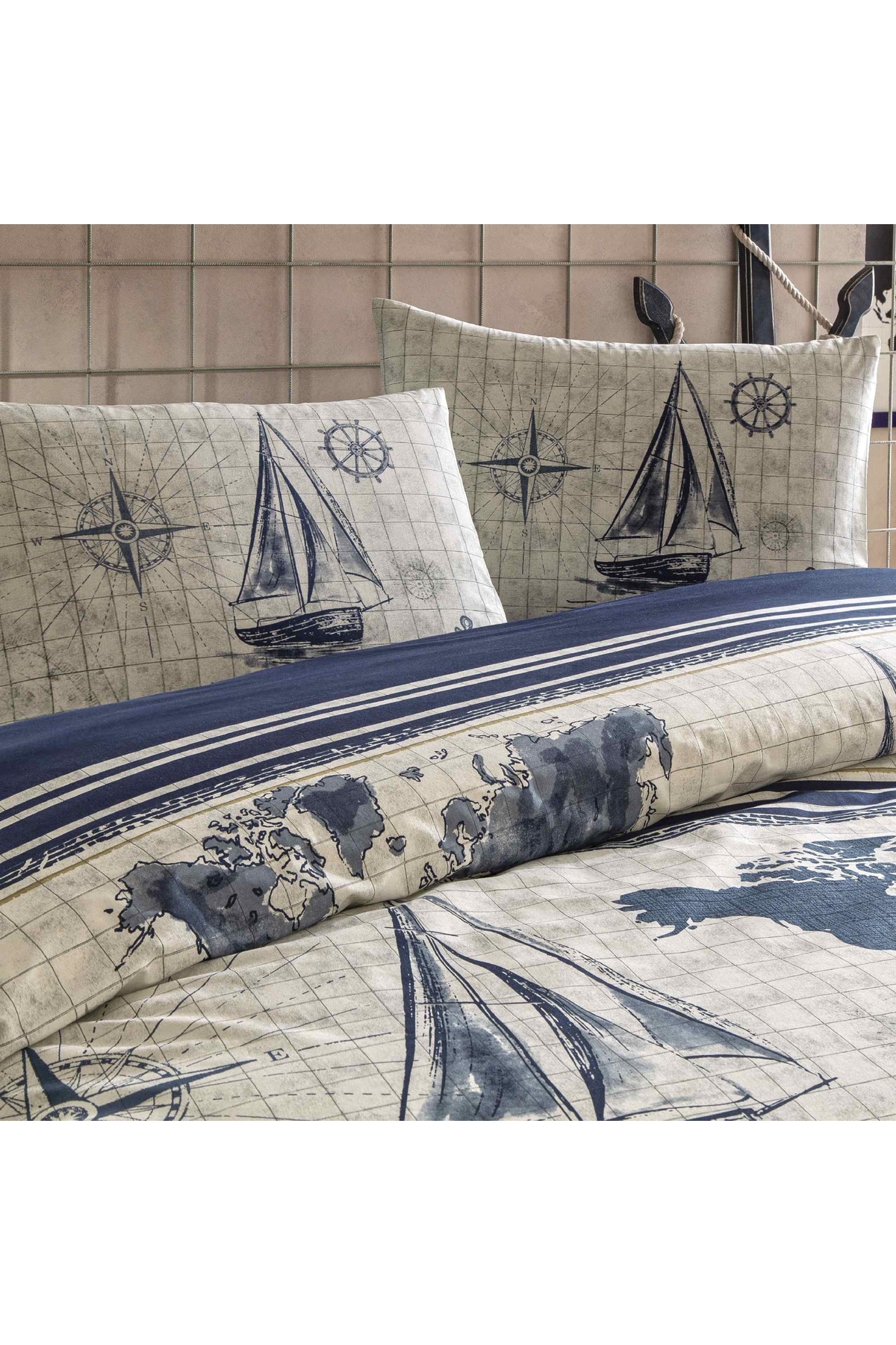 Taç Muna Ranforce Çift Kişilik Nevresim Takımı Lacivert - Görsel 2