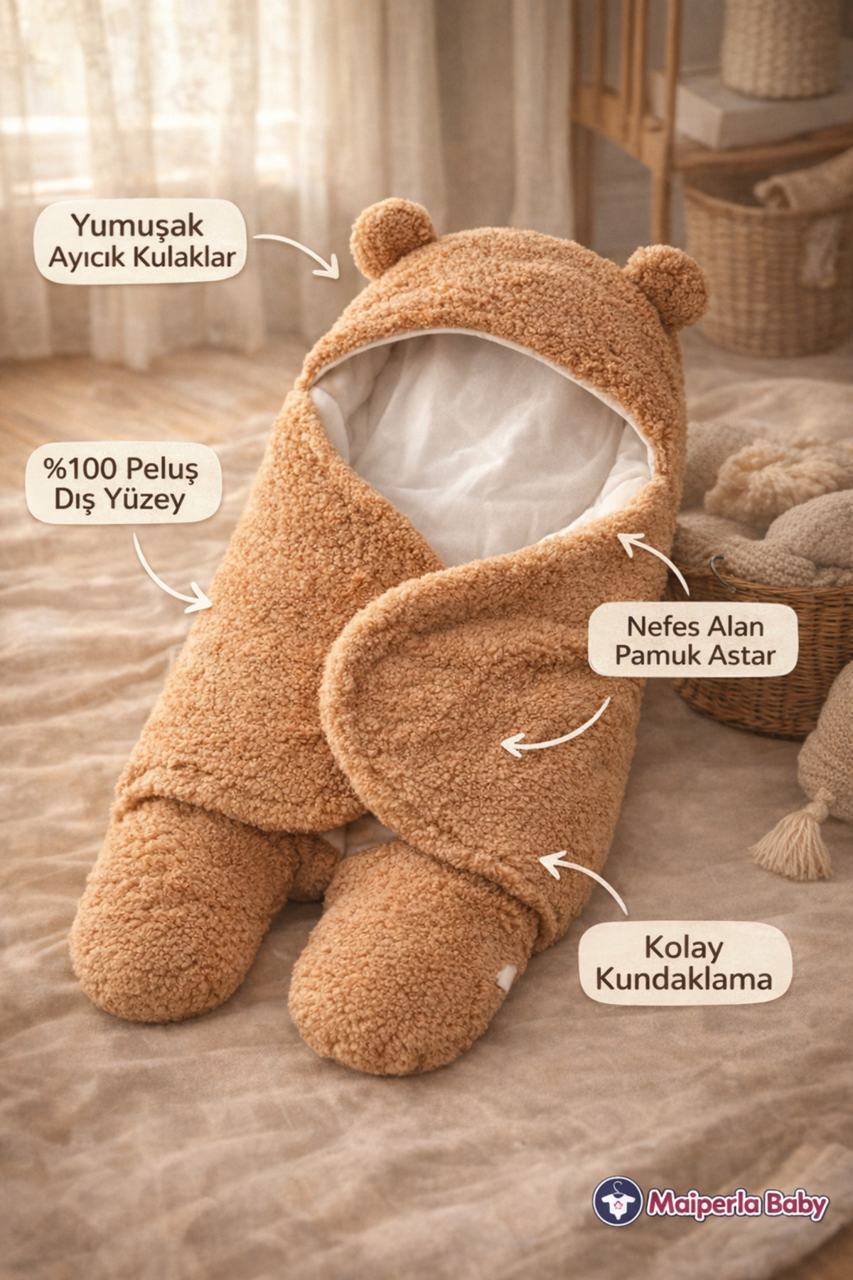 Mai Perla 0 - 12 Ay Içi Elyaflı Kulaklı Welsoft Dış Kundak Bebek Battaniye - Görsel 3