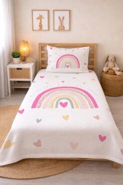 Evmila Gökkuşağı Desenli Bebek Ve Çocuk Baskılı Tek Kişilik Pike Takımı 160x230 Beyaz