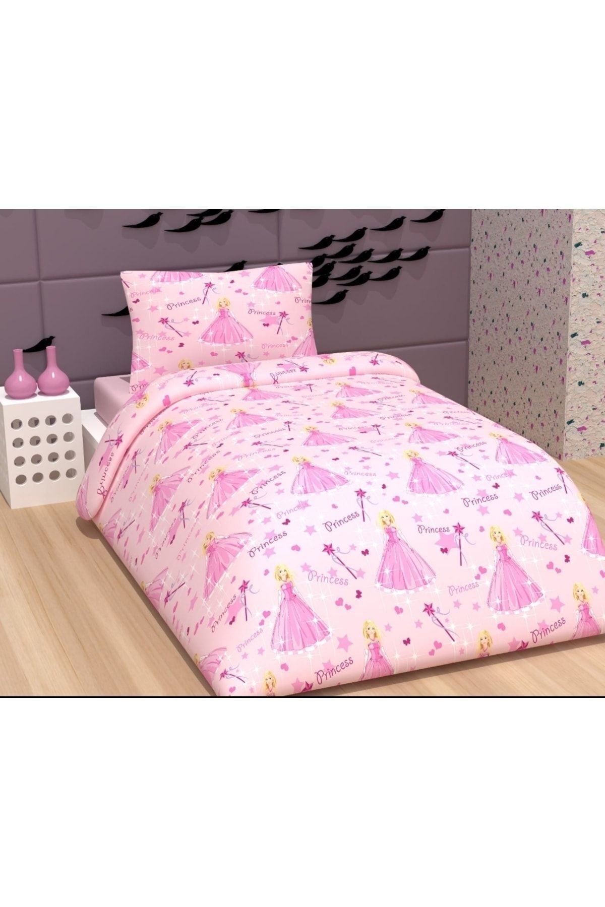 Kaan Tek Kişilik Prenses Nevresim Seti Yorgan Kılıfı Yastık Kılıfı