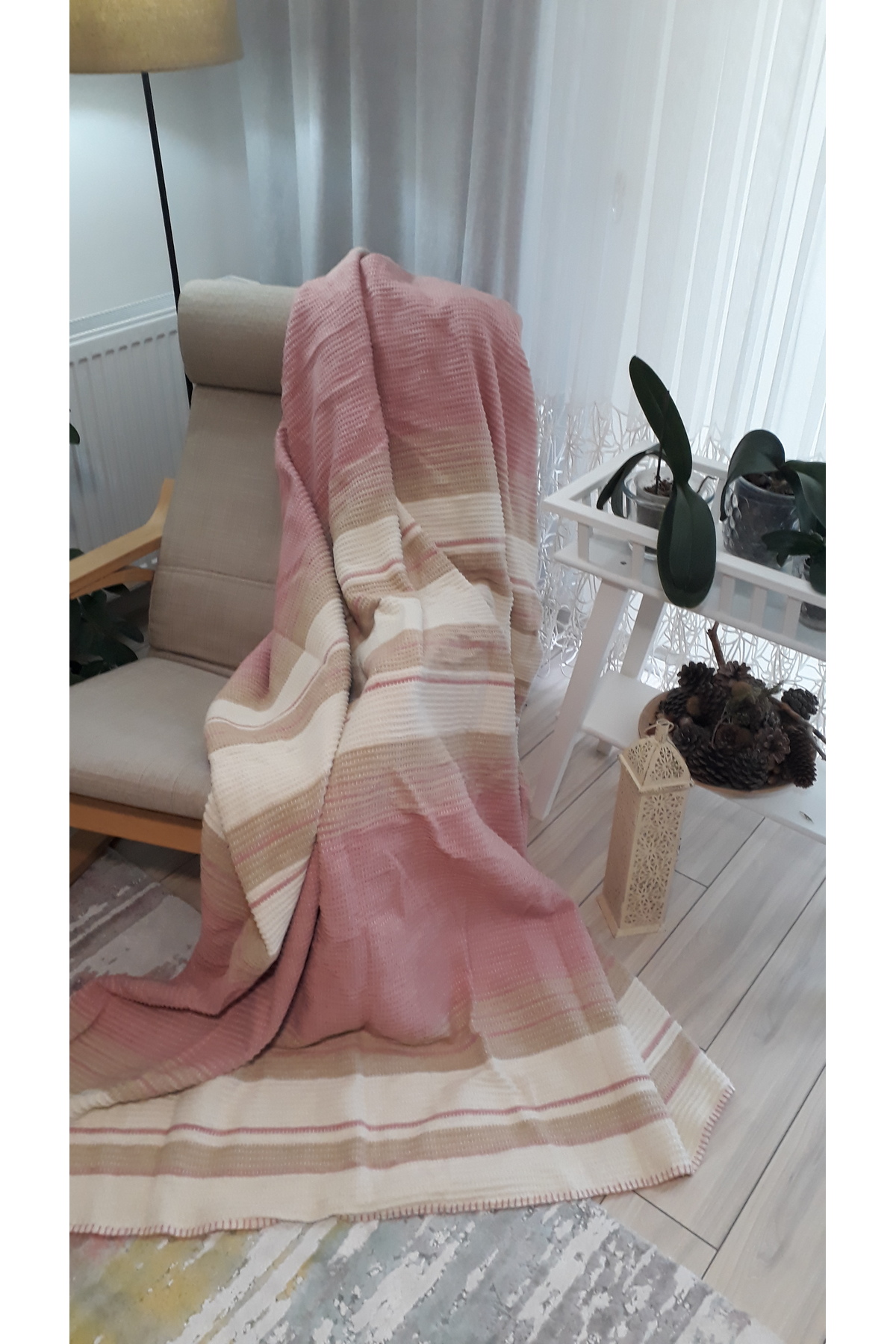asildükkan 4 Mevsim Pamuklu Batttaniye Çift Kişilik 180*220cm Balkon Tv Battaniyesi Pembe Çizgili