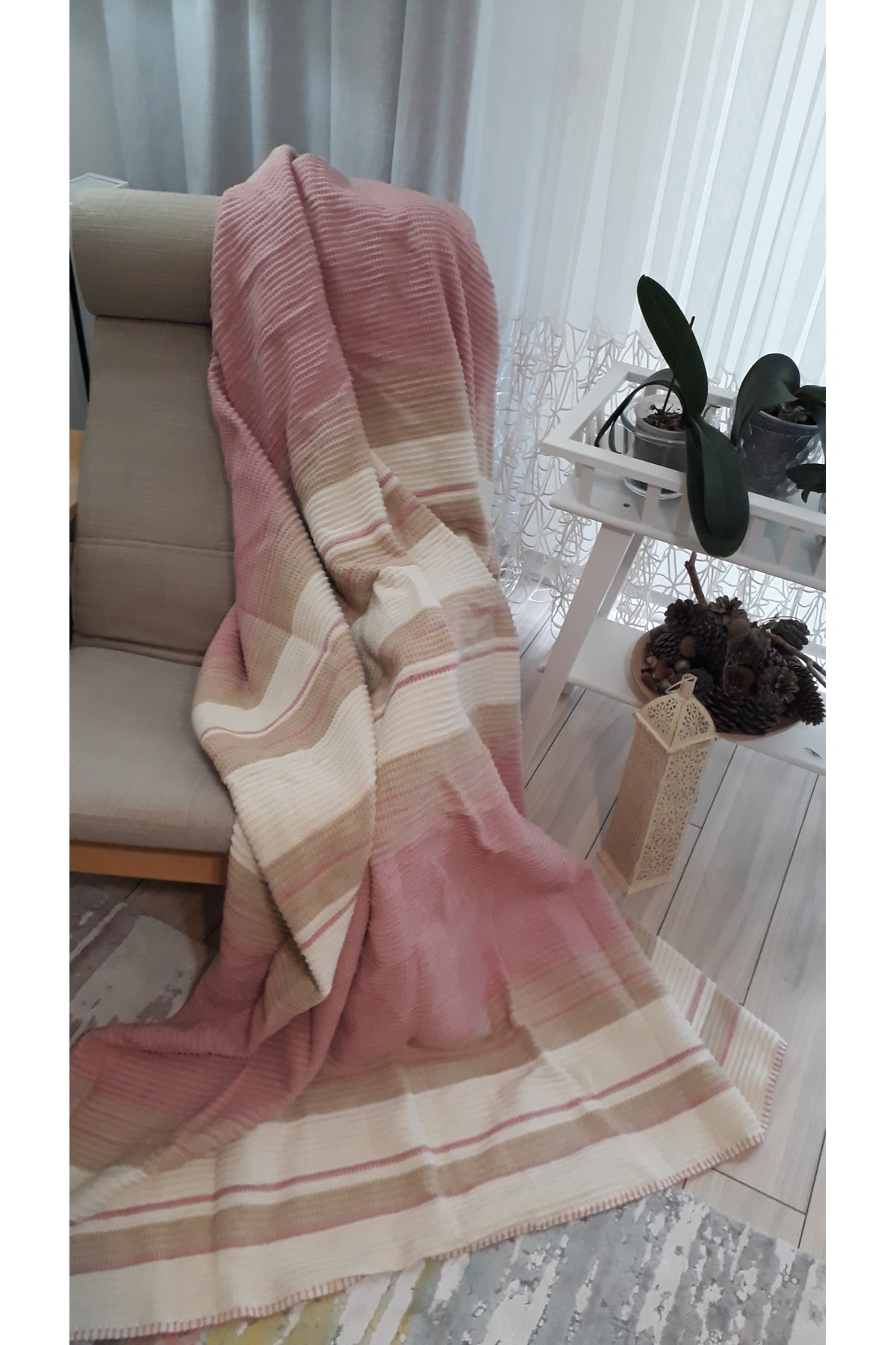 asildükkan 4 Mevsim Pamuklu Batttaniye Çift Kişilik 180*220cm Balkon Tv Battaniyesi Pembe Çizgili - Görsel 2