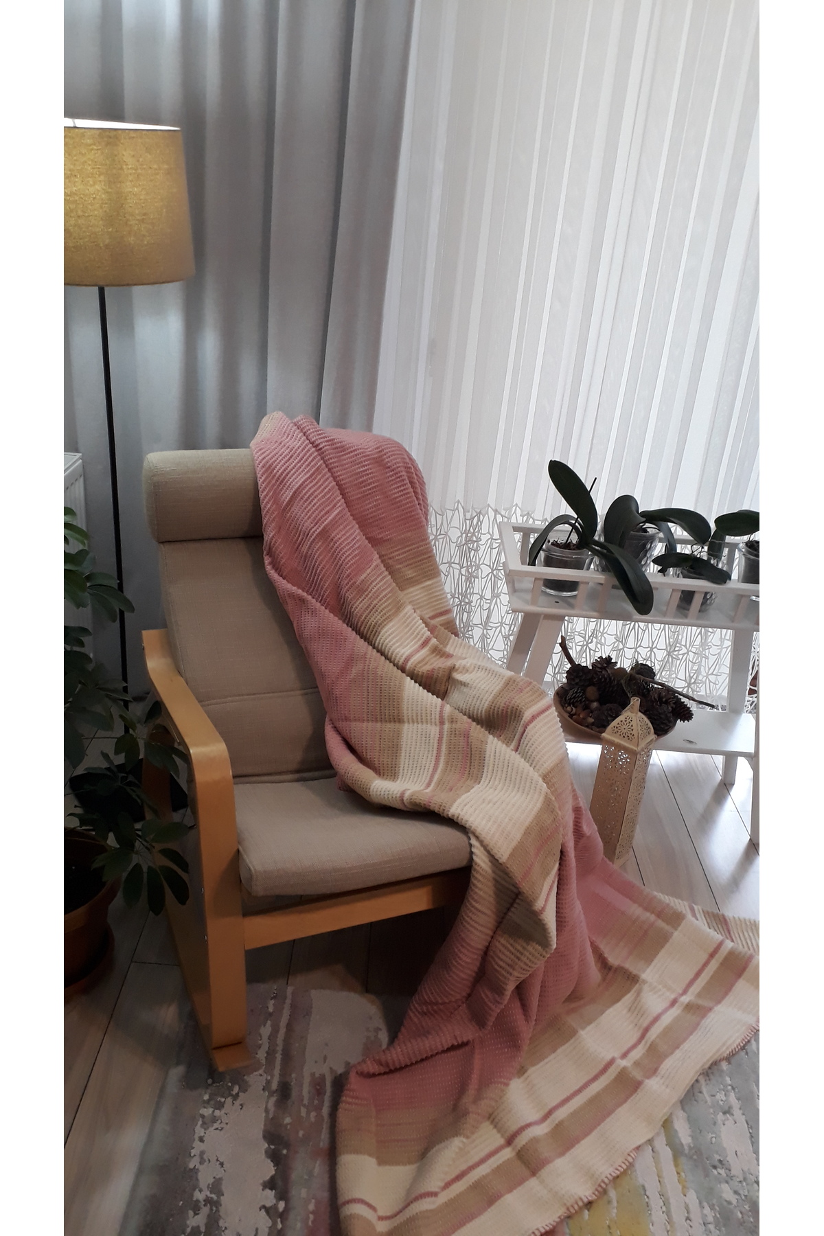 asildükkan 4 Mevsim Pamuklu Batttaniye Çift Kişilik 180*220cm Balkon Tv Battaniyesi Pembe Çizgili - Görsel 3