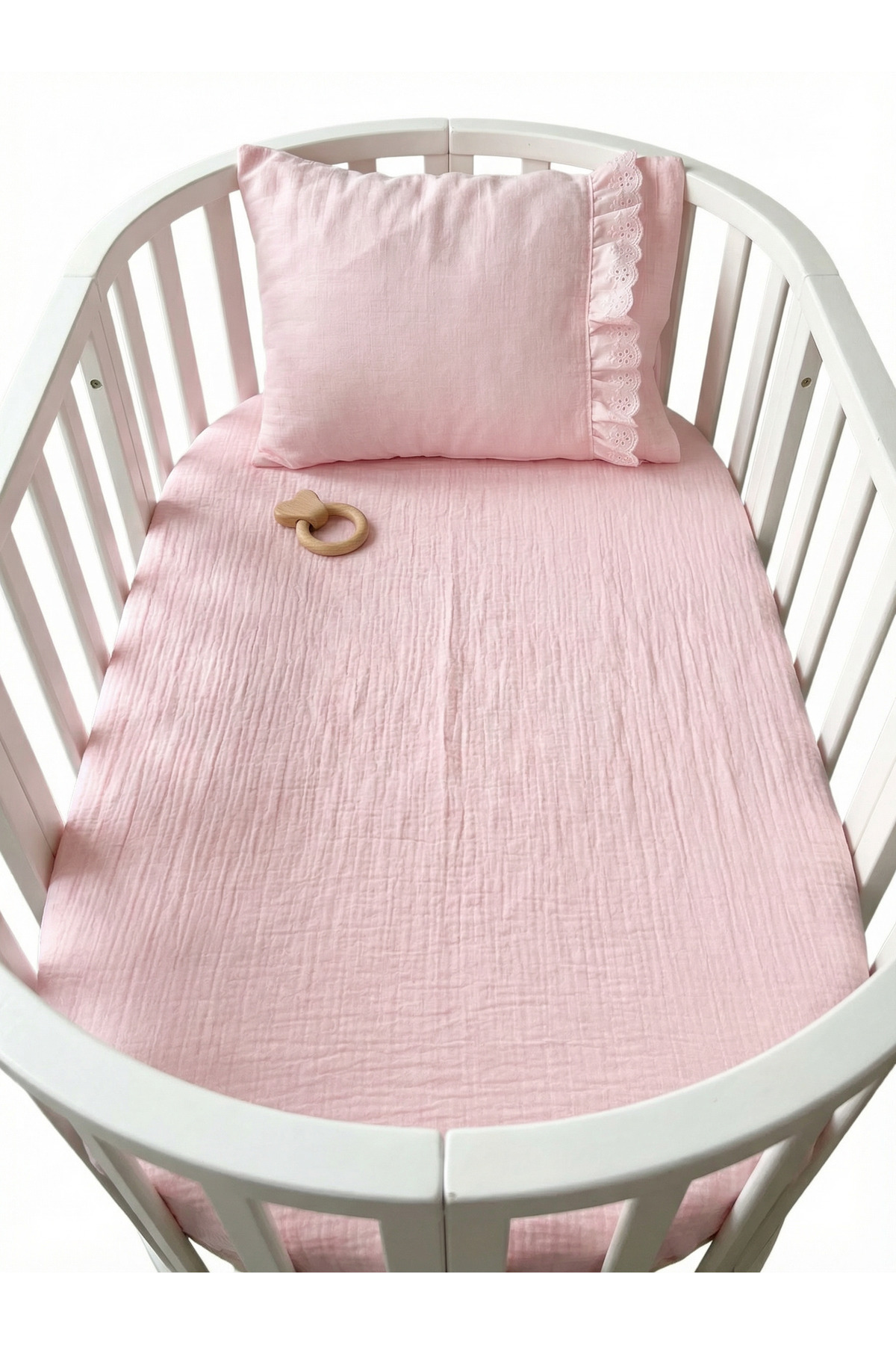 Pufuduk Baby Lüks Fisto İşlemeli %100 Pamuk 2 Katlı Müslin Lastikli Bebek Çarşaf ve Yastık Seti - Pembe - Görsel 3