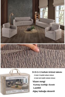 uzhanem Streç Lastikli Esnek Yıkanabilir Pamuklu 3+3+1+1 Jakarlı Koltuk Örtüsü Takımı Koltuk Kılıfı