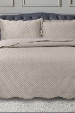 Çeyiz Diyarı Lydia Çift Kişilik Lüks Kadife Yatak Örtüsü Bej